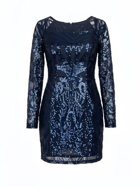 Navy Sequin Long Sleeve Cocktail Dress